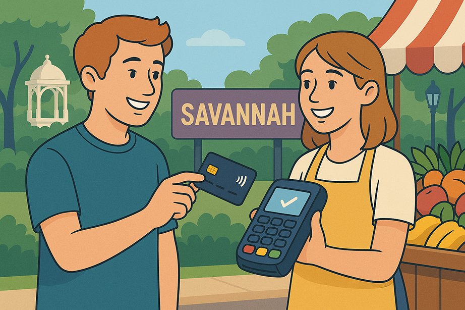 Merchant Account for Savannah Georgia Businesses Illustration of a woman vendor accepting credit card payment with POS terminal.