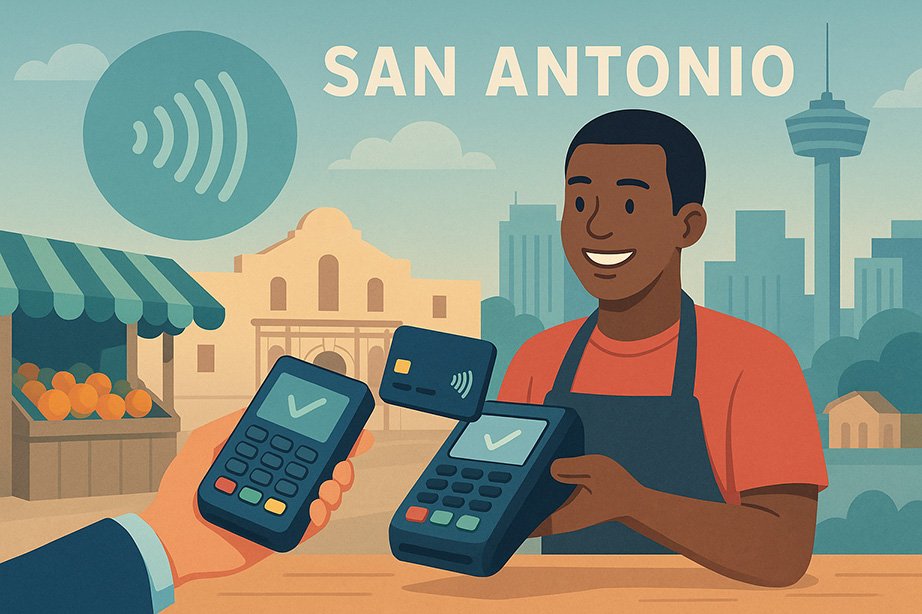 Image of a San Antonio street vendor processing a payment with city landmarks in the background.