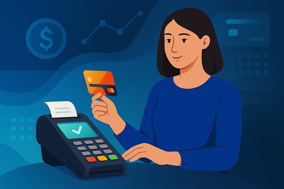 What is a Payment Processor Image of a Woman processing credit card payment at POS terminal with digital icons in background.