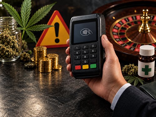 Credit card terminal with icons representing high-risk industries like cannabis, firearms, and gambling.
