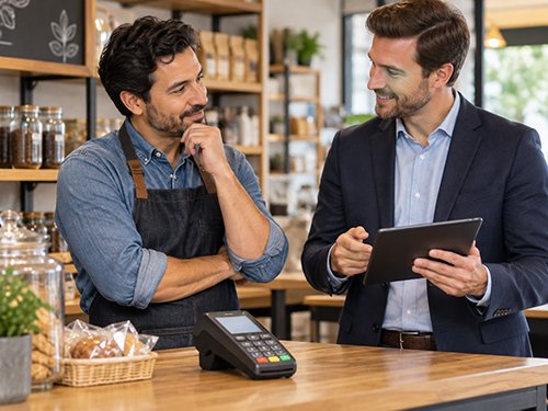 Small business owner discussing POS system options with payment processor rep