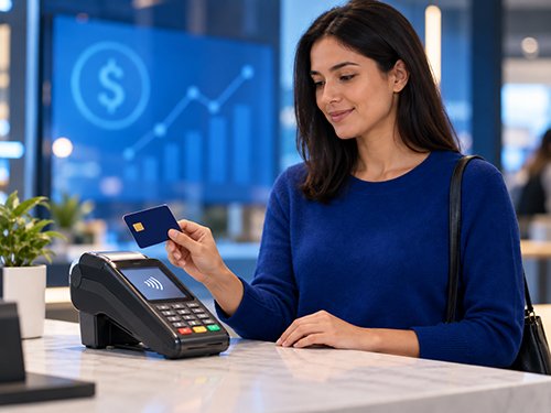 Image of a Woman processing credit card payment at POS terminal with digital icons in background.